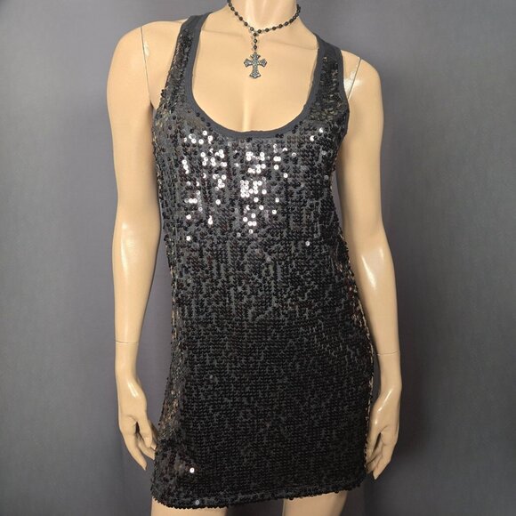 Y2K Black Racerback Long Sequin Tank Top Size S Indie Sleaze Mid 2000s - Picture 1 of 9